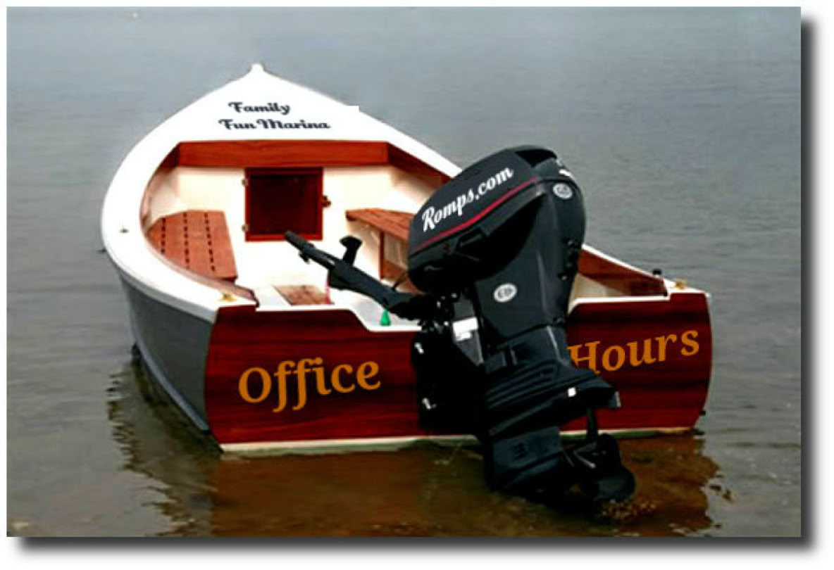 A boat floating on water named office hours.